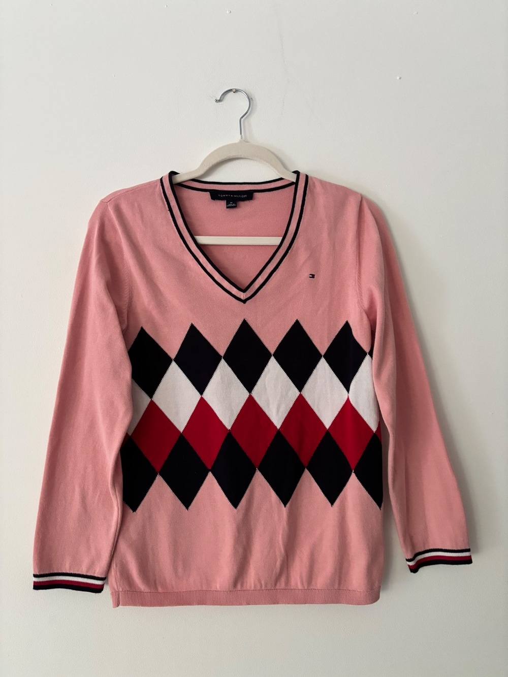 Tommy Hilfiger Womens Pink Argyle V Neck Cotton Sweater Size M Striped Trim